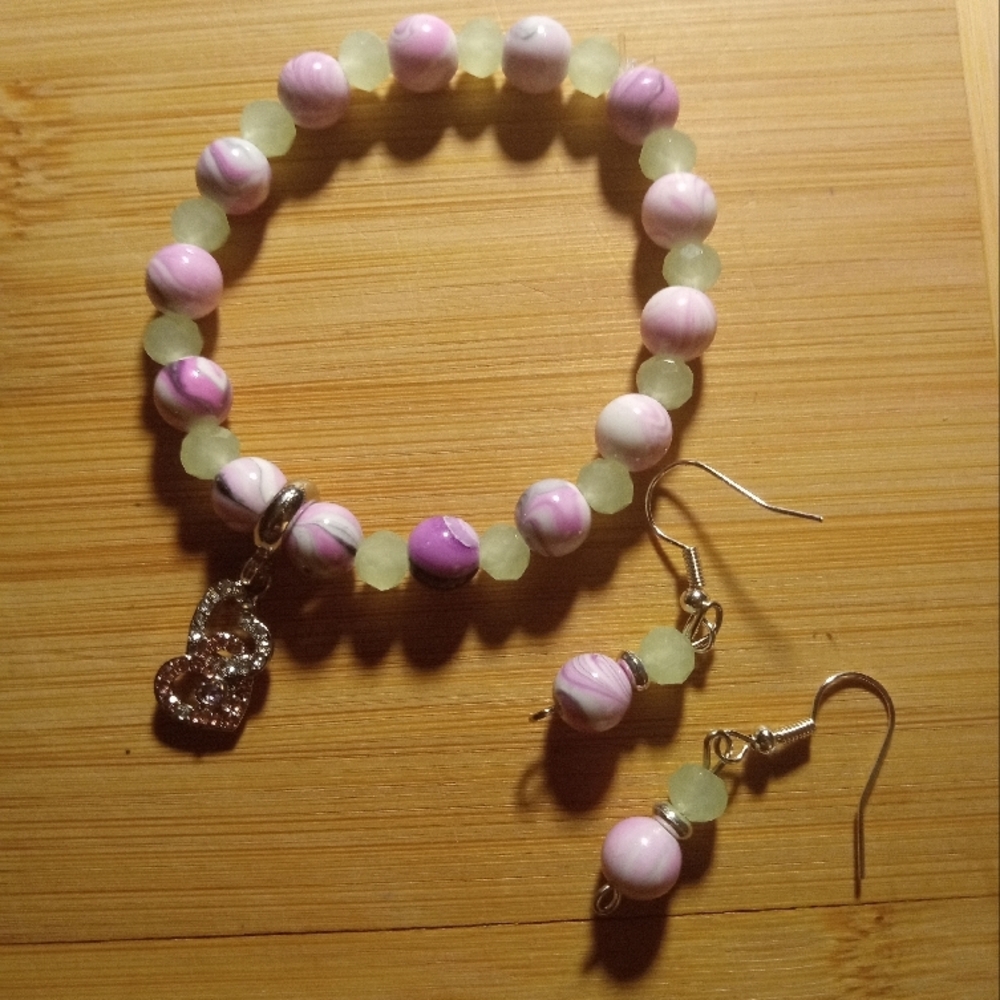 Pink and White Beaded Bracelet with Matching Earrings